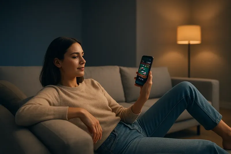 Young woman relaxing on modern sofa holding smartphone with casino app