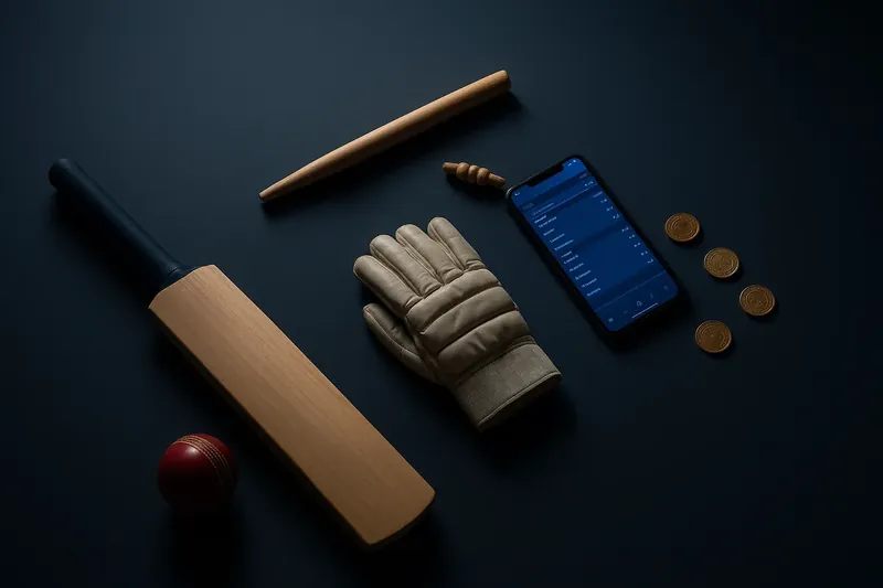 Cricket equipment with glowing smartphone bet slip and scattered gold coins