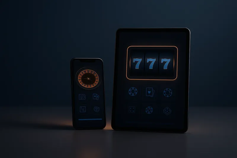 Smartphone and tablet showing dark casino UI with warm glow
