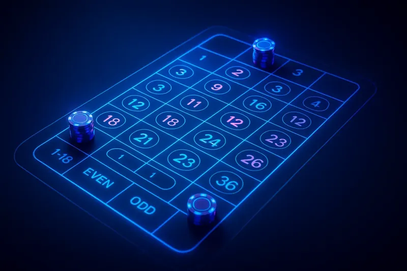 Top-down roulette table layout on green felt with gold chip towers