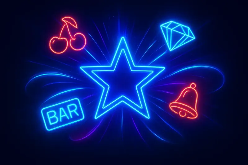 Giant wild star with slot symbols bursting outward in neon trails